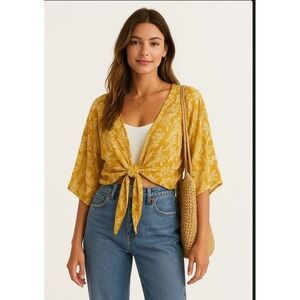 Japna Linen Blend Boho Tie Front Wrap Floral Top Womens Size XS Mustard Flowy